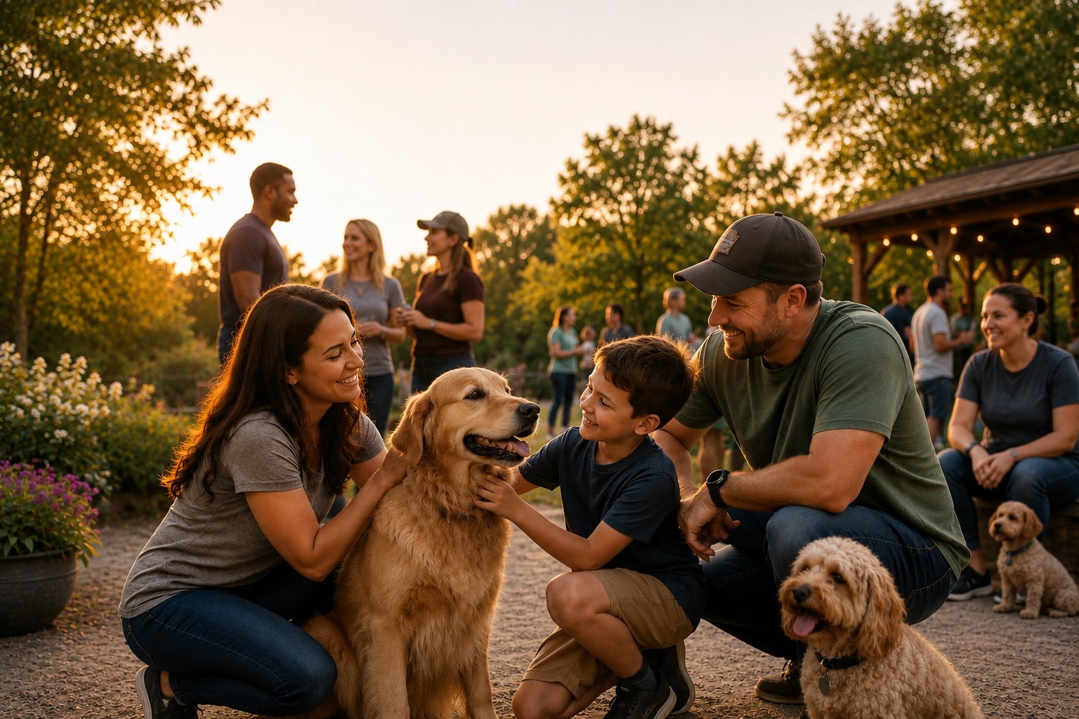 Family with dogs at a warm outdoor community gathering at sunset
