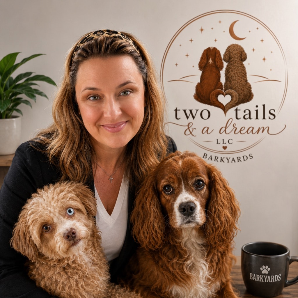 Giselle, Founder of Two Tails & A Dream, with her two dogs